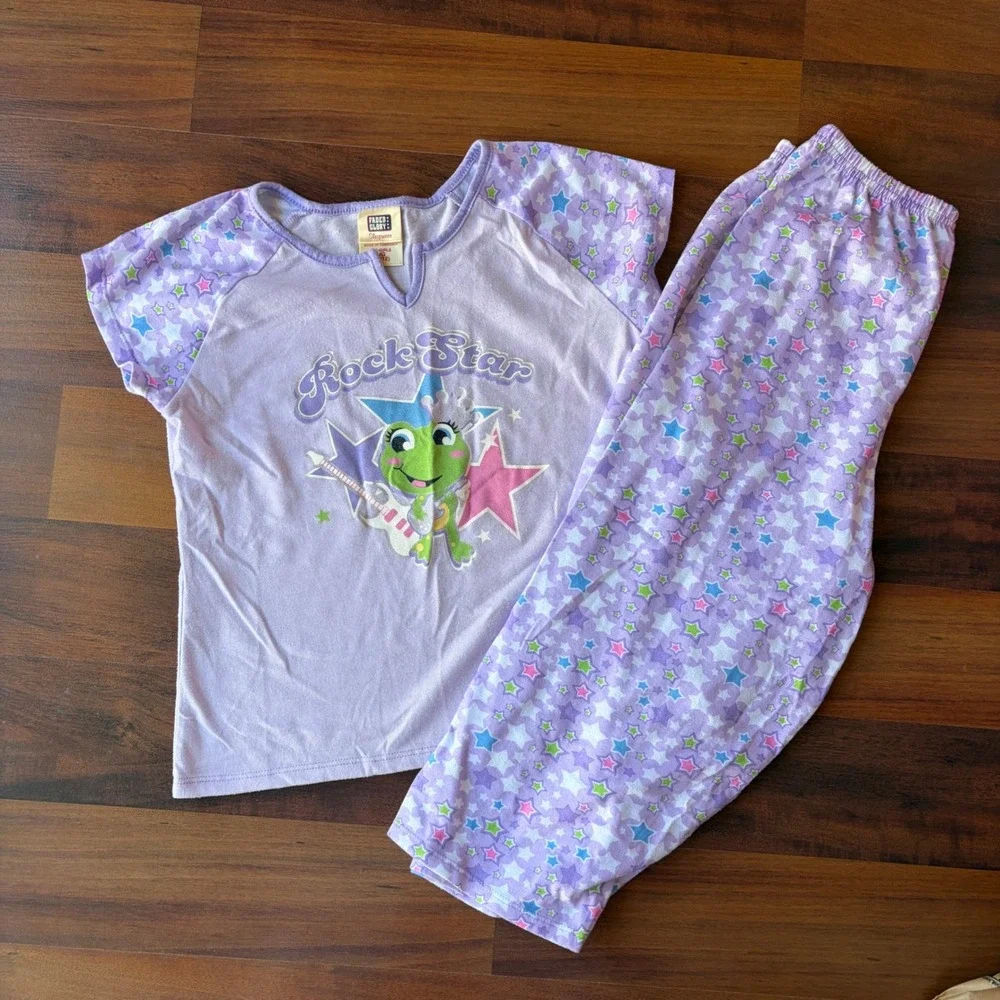 Y2K Girls Purple Rock Star Frog Pajama Set 2PC Top Pants Size L 10/12